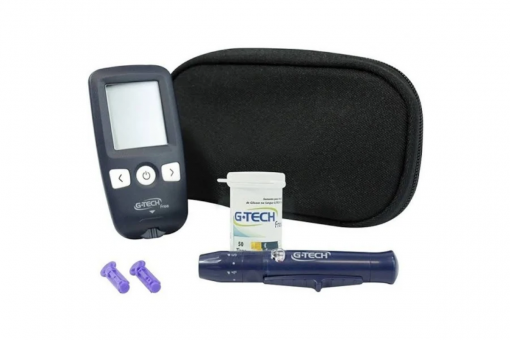 KIT MEDIDOR GLICOSE GTECH COM 10TIRAS CANETA E LANCETA FREE